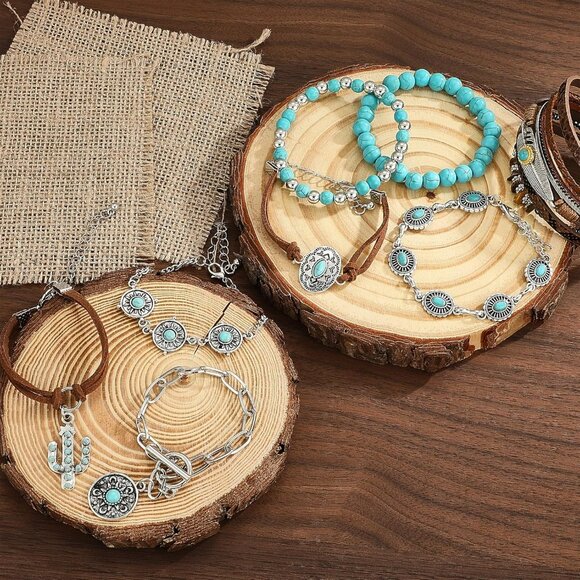 Western Turquoise Jewelry Set: Layered Necklaces, Rings, and Earrings for Women - Picture 7 of 7